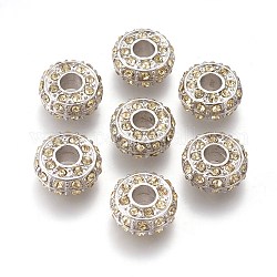 Alloy European Beads, with Grade A Rhinestone Beads, Large Hole Beads, Rondelle, Platinum Metal Color, Jonquil, 14x7mm, Hole: 5mm