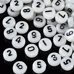 Perles acryliques lumineuses, plat et circulaire avec numéro, blanc crème, 7x3.5~4mm, Trou: 1.2mm