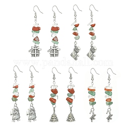 Boucles d'oreilles pendantes en alliage de style tibétain, thème de noël, avec épingles en laiton, boucles d'oreilles en jaspe rouge naturel, aventurine verte et perles de verre, formes mixtes, 66~68x9~16mm