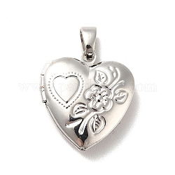 Acumular colgantes medallón de latón chapado, corazón con la flor, Platino, 17x15x4.5mm, agujero: 4x2 mm, diámetro interior: 9x7.5 mm