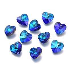 Граненый стеклянный шарм, сердце, с покрытием на задной стороне, синие, 14x14x7.5 мм, отверстие : 1.4 мм
