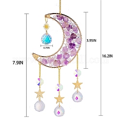 Glass & Amethyst Nuggets Moon Pendant Decorations, Hanging Suncatchers, with Brass Findings, for Home Decoration, 411mm