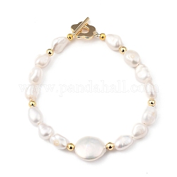 Natürliche Barockperlen Keshi Perlen Perlen Armbänder, mit Messingperlen und Blumen-Knebelverschlüssen, golden, weiß, 7-3/4 Zoll (19.8 cm)