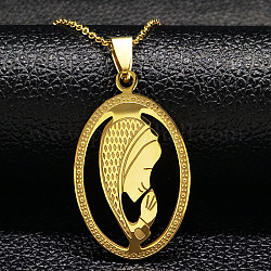 304ステンレス鋼ペンダントネックレス  聖母マリアのチャーム付きオーバル  ゴールドカラー  20.00インチ（50.8cm）