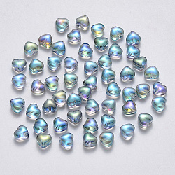 Perles de verre peintes par pulvérisation transparent, de couleur plaquée ab , cœur, vert de mer clair, 6x6x4mm, Trou: 0.7mm