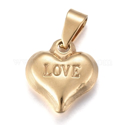 Día de San Valentín 201 acero inoxidable encantos, corazón con la palabra amor, dorado, 13x11.5x4mm, agujero: 4.5x3 mm
