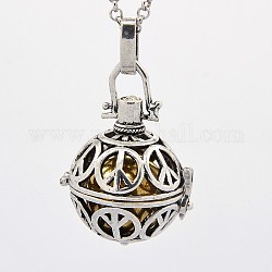 Antique Silver Brass Cage Pendants, Chime Ball Pendants, Peace Sign, with Brass Spray Painted Bell Beads, Dark Goldenrod, 28x25x23mm, Hole: 3x5mm, Bell: 16mm