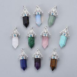 Natural & Synthetic Mixed Gemstone Pointed Big Pendants, with Platinum Tone Brass Findings, Faceted, Bullet & Triangle & Tree of Life, 61x28.5x20mm, Hole: 8x5mm