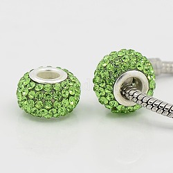 Grade A Rhinestone European Beads, Large Hole Beads, Resin, with Silver Color Plated Brass Core, Rondelle, Peridot, 12x8mm, Hole: 4mm