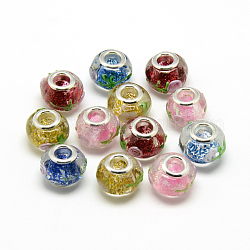 Perles européennes rondes vernissées à gros trou, avec noyaux en laiton plaqué couleur argent, couleur mixte, 14~15x10~11mm, Trou: 5mm