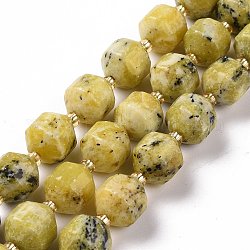 Fili di perline di giada gialla naturale, con perline semi, tamburo a botte bicono sfaccettato, 9~10mm, Foro: 1.2 mm, circa 29~32pcs/filo, 14.45~14.84 pollice (36.7~37.7 cm)