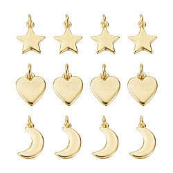 Yilisi 24pcs 3 pendentifs en laiton de style, Plaqué longue durée, lune & coeur & étoile, véritable 18k plaqué or, 8 pièces / style
