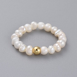 Natural Cultured Freshwater Pearl Finger Rings, with Brass Round Beads and Elastic Crystal Thread, Golden, Size 6, 16mm