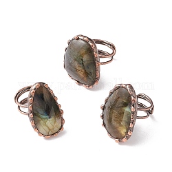Natural Labradorite Irregular Nugget Open Cuff Ring, Red Copper Brass Wire Wrap Chunky Ring for Women, Cadmium Free & Lead Free, US Size 7 1/4(17.5mm)