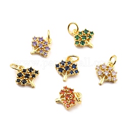 Brass Micro Pave Cubic Zirconia Charms, Real 18K Gold Plated, Cadmium Free & Lead Free, Tree, Mixed Color, 11x10x2mm, Hole: 3.8mm