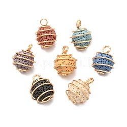 Unwaxed Natural Lava Rock Pendants, with Real 18K Gold Plated Eco-Friendly Copper Wire, Round, 18.5x14~15mm, Hole: 4mm