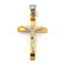 Ionenbeschichtung (IP) 304 Edelstahlanhänger, Kreuz mit Jesus, goldenen und Edelstahl Farbe, 33x18.5x7 mm, Bohrung: 6x5.5 mm