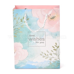 Sacs en papier rectangle, avec poignées en corde de coton, motif floral et mot, pour sacs-cadeaux et sacs à provisions, colorées, 15x7.1x20 cm