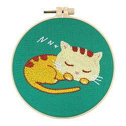 動物テーマ DIY ディスプレイ装飾パンチ刺繍初心者キット  パンチペンも含めて  針と糸  綿織物  スレッダー  プラスチック刺繍フープ  指示シート  猫の形  155x155mm