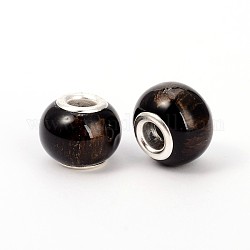 Spray Painted Glass European Beads, Large Hole Rondelle Beads, with Silver Tone Brass Cores, Silver, 14x10mm, Hole: 5mm