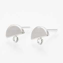 Accessoires de clous d'oreilles en laiton, avec boucle et plaque plate, demi-cercle, sans nickel, Platine plaqué réel, 8x10x1mm, Trou: 1.5mm, pin: 0.8 mm