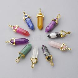 Natural Mixed Stone Double Terminated Pointed Pendants, with Random Alloy Pendant Hexagon Bead Cap Bails, Golden, Bullet, 37~40x12.5x10mm, Hole: 3x4.5mm