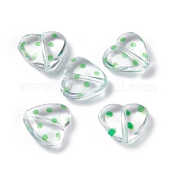 透明なアクリルビーズ  水玉柄の心  透明  グリーン  15.5x17.5x6mm  穴：1.7mm