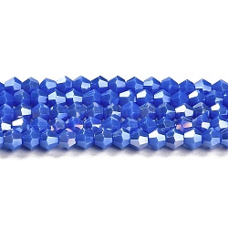 Opaque Solid Color Electroplate Glass Beads Strands, AB Color Plated, Faceted, Bicone, Medium Blue, 4x4mm, Hole: 0.8mm, about 87~98pcs/strand, 12.76~14.61 inch(32.4~37.1cm)