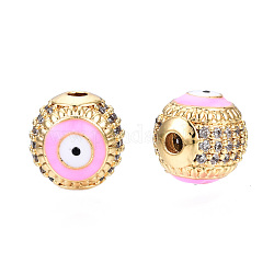 Perline zirconi micro pave  in ottone, con smalto, vero placcato oro 18k, rotonda con malocchio, nichel libero, perla rosa, 10mm, Foro: 2 mm