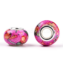 Opaque Resin European Beads, Imitation Crystal, Two-Tone Large Hole Beads, with Silver Tone Brass Double Cores, Rondelle, Magenta, 14x9.5mm, Hole: 5mm