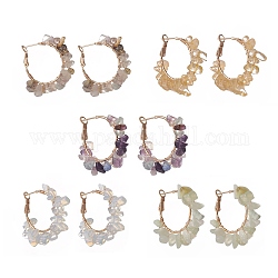 Boucles d'oreilles créoles en perles de pierres précieuses naturelles, bijoux en fil de laiton doré pour femmes, 42x40x7mm, pin: 0.7 mm