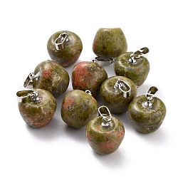 Pendentifs d'unakite naturelle, avec boucles en laiton platine, pomme, 14~15x14x14mm, Trou: 6x3mm