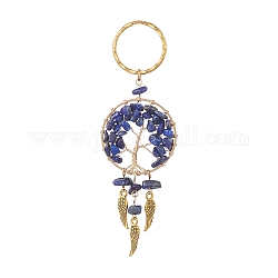 Filet/toile tissé avec porte-clés pendentif aile, avec éclats de lapis-lazuli naturel et porte-clés en fer, plat et circulaire avec arbre de vie, 10.9~11 cm