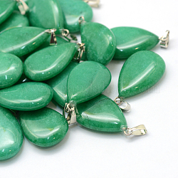 Pendentifs en jade malaisie naturel teint en goutte, avec les accessoires en laiton de tonalité de platine, 25~29x16~17x5~6mm, Trou: 2x7mm