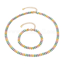 Ensembles de bijoux de chaînes d'épis d'émail en laiton, colliers et bracelets, à ressort fermoirs à anneaux, or, colorées, 7-3/8 pouce (18.8 cm), 17-5/8 pouce (44.8 cm)