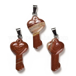 Pendentifs de jaspe rouge naturel, avec le fer de platine plaqué bélières snap on, porte-clés en forme de coeur, 38~39x18~19x7~8mm, Trou: 7.5x3mm