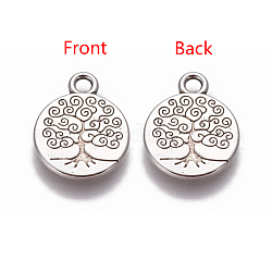 Tibetan Style Alloy Pendants, Flat Round with Tree of Life, Antique Silver, 19x15x2mm, Hole: 2mm