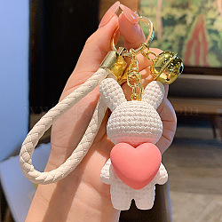 Porte-clés en résine lapin avec coeur, avec les accessoires de l'alliage et la cloche, fumée blanche, 7x3.5 cm