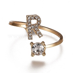 Alloy Cuff Rings, Open Rings, with Crystal Rhinestone, Golden, Letter.R, US Size 7 1/4(17.5mm)