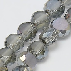 Half Platinum Plated Frosted Crystal Glass Beads Strands, Faceted, Flat Round, Gray, 4x3mm, Hole: 1mm, about 99pcs/strand, 13.9inch