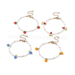 4 pièces 4 style graine de verre tressé fraise & raisin & orange & fraise bracelet à breloques pour femme, couleur mixte, 7-5/8 pouce (19.5 cm), 1pc / style