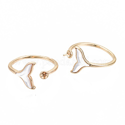Brass Peg Bails Cuff Finger Ring Settings, for Half Drilled Bead, with Shell, Nickel Free, Mermaid Fishtail, Real 18K Gold Plated, US Size 6 3/4(17.1mm), Pin: 0.7mm(for Half Drilled Bead)