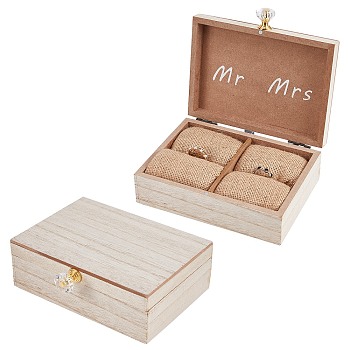 Rectangle Mr and Mrs Wooden Rustic Wedding Double Ring Box, with Burlap Pillow Lining, Wedding Decor for Ceremony, BurlyWood, 15.3x13.2x5.1cm