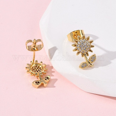 Серьги-гвоздики в форме цветка с микропаве из прозрачных кубических цирконий из латуни EJEW-K267-33G-1