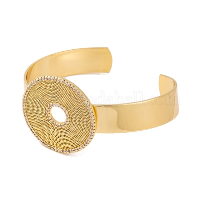 Латунные плоские круглые браслеты с открытыми манжетами из латуни с прозрачным фианитом для женщин BJEW-S147-13G-1