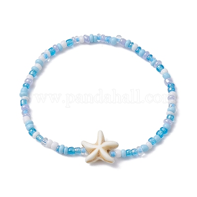 Braccialetto elasticizzato da donna con semi di vetro e perline sintetiche  di stelle marine turchesi all'ingrosso 