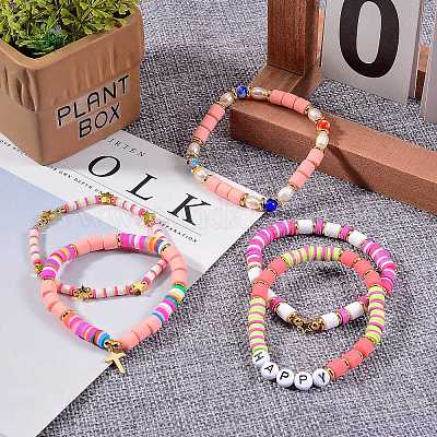 5pcs 5 Style Handmade Polymer Clay Beads Stretch Bracelets Sets, with Brass Beads and Acrylic Enamel Beads, Happy, Mixed Color