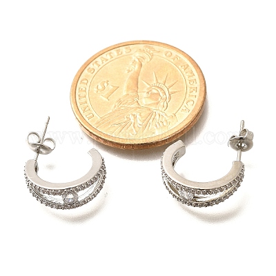 Серьги-гвоздики из латуни в форме буквы С с микропаве из прозрачных кубических цирконий EJEW-C126-08P-1