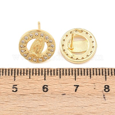 Серьги-гвоздики с изображением Девы Марии из латуни с микропаве из прозрачных кубических цирконий EJEW-F400-23A-G-1