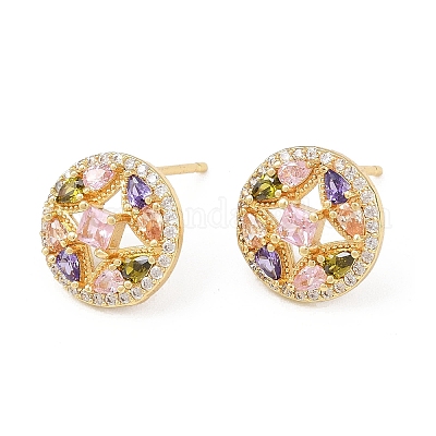 Латунные плоские круглые серьги-гвоздики с микропаве из кубических цирконий EJEW-F400-18G-1